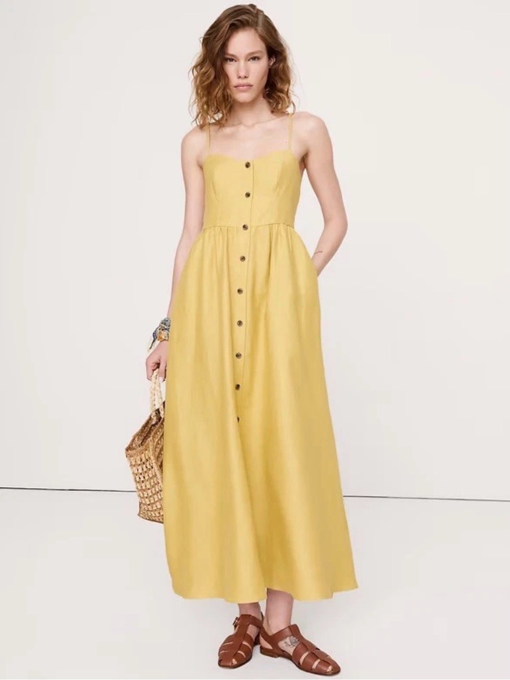 Banana Republic Olive Button-Front Linen Maxi Dress